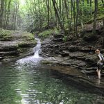 A resident of Big Island, Va., wades into the swimming hole on the Devil’s Fork Trail, which hikers encounter before reaching the Devil’s Bathtub. Photo by Joe Tennis