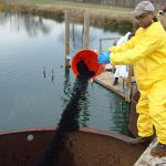 Scientists implement bioremediation techniques in an effort to reduce the volume of PCBs at the overflow pond in Altavista, Va. Photo by Kevin Sowers