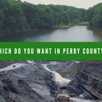 scenic photo of lake contrasted with coal mine photo