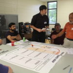 Participants gather around a table with large sheets of paper