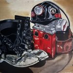 A painting of boots, a hat and other gear used by coal miners.