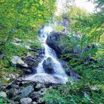 A waterfall cascades over rocks down a forested hillside.